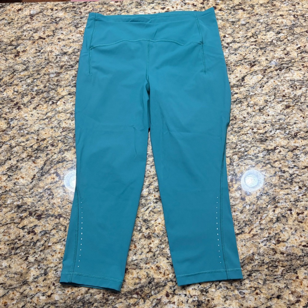 Lululemon Fast and Free High Rise Crop 19 Nulux Teal Green Running Leggings 12 v